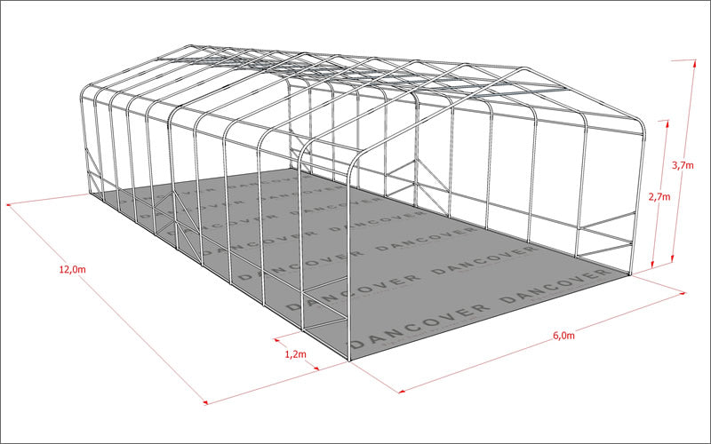 Namiot magazynowy PRO 6x12x3,7m PCV ze świetlikiem, Szary
