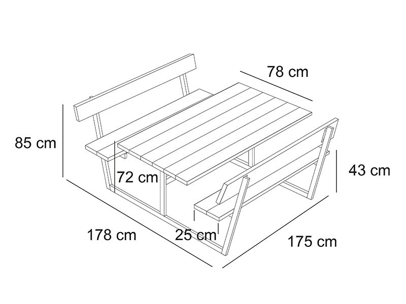 Stół piknikowy z oparciem, 1,8x1,75x0,85m, Czarny