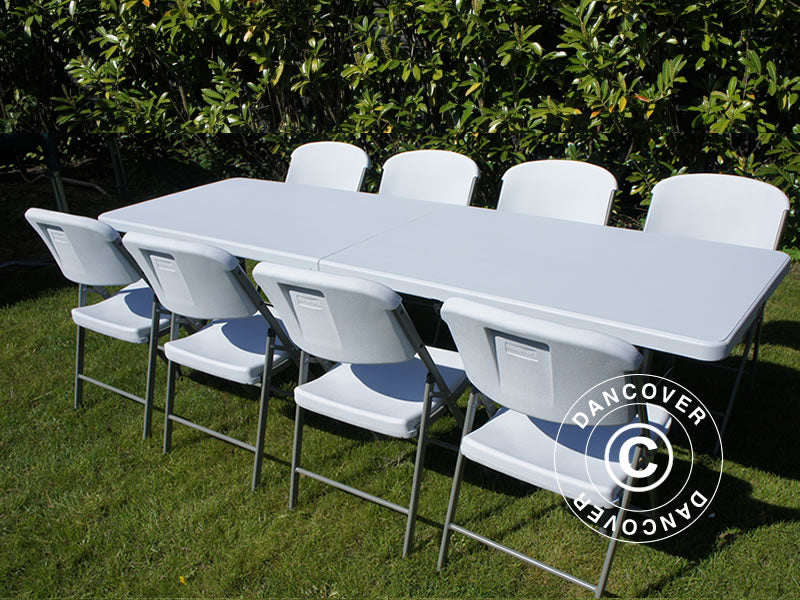Pakiet Party, 1 składany stół (240cm) + 8 Krzesła składane, Jasny szary/Biały