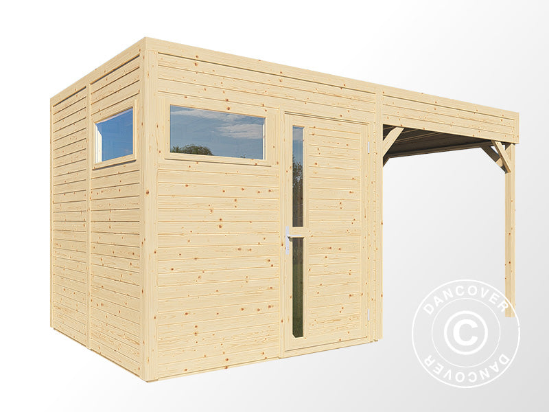 Szopa drewniana z daszkiem, Bertilo Cubus 2L, 4,49x2,34x2,32m, 5,1m²+5,15m², Naturalne drewno