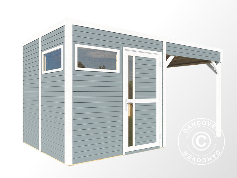 Szopa drewniana z daszkiem, Bertilo Cubus 2L, 4,49x2,34x2,32m, 5,1m²+ 5,15m², Szara