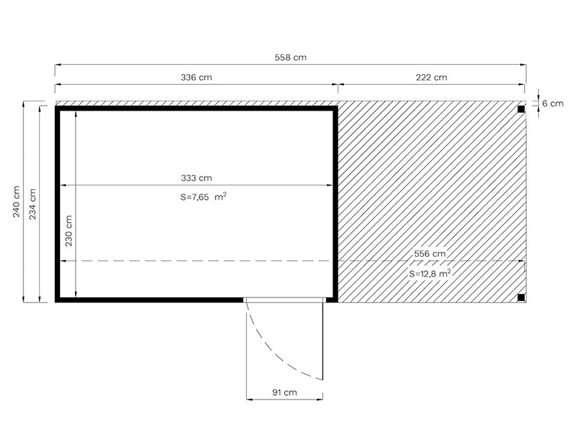 Szopa drewniana z daszkiem, Bertilo Cubus 3L, 5,58x2,34x2,32m, 7,65m²+5,15m², Naturalne drewno