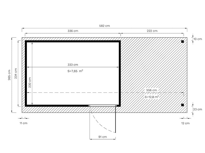 Szopa drewniana z daszkiem, Bertilo Pentus 3L, 5,58x2,34x2,33m, 7,65m²+5,15m², Szara