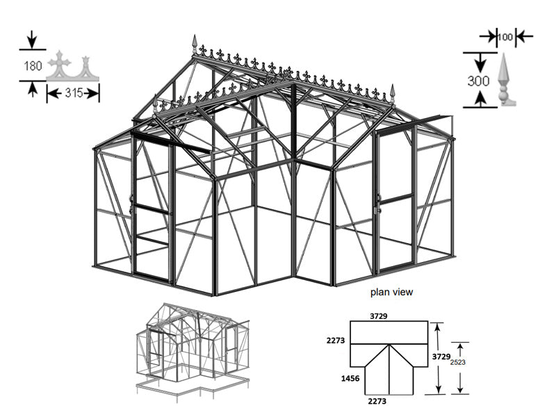 Ozdobne zwieńczenie z kwiatonami do oranżerii 3,73x3,73x2,32m, Czarne