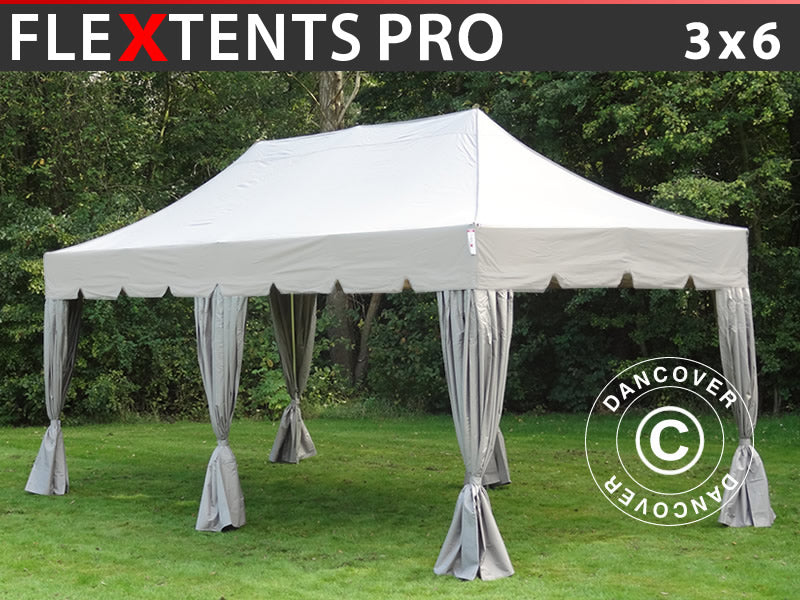 Namiot Ekspresowy FleXtents PRO "Peaked" 3x6m Latte, mq 6 ozdobnymi kurtynami
