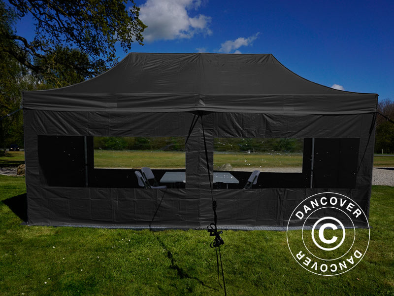 Namiot dla odwiedzających FleXtents PRO 3x6m Czarny, w tym 6 ścian bocznych i 1 przezroczysta ściana działowa