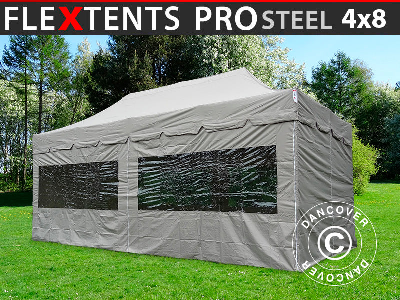 Namiot Ekspresowy FleXtents PRO Steel "Peaked" 4x8m Latte, mq 6 ściany boczne