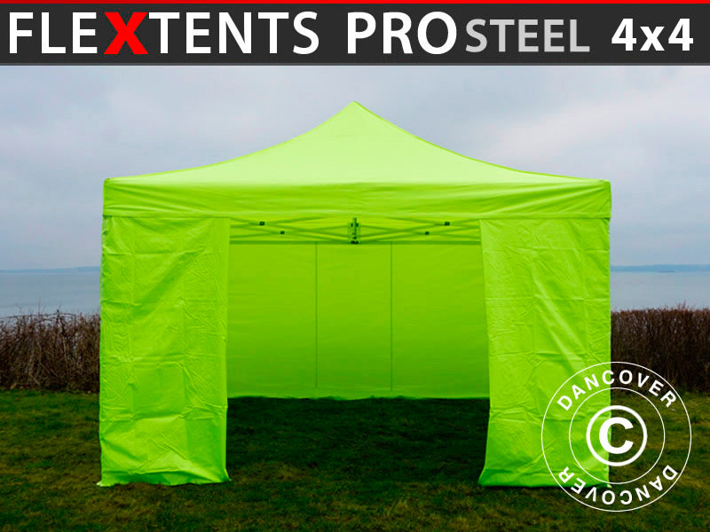 Namiot Ekspresowy FleXtents PRO Steel 4x4m Jaskrawożółty/zielony, mq 4 ściany boczne DOSTĘPNA TYLKO 4 SZTUKA