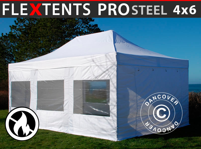 Namiot Ekspresowy FleXtents PRO Steel 4x6m Biały, Ogniotrwale, mq 8 ściany boczne
