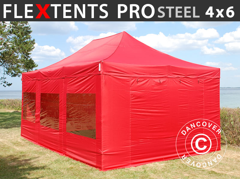 Namiot Ekspresowy FleXtents PRO Steel 4x6m Czerwony, mq 8 ściany boczne