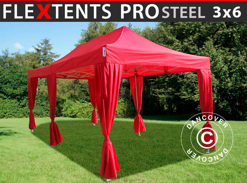 Namiot Ekspresowy FleXtents PRO Steel 3x6m Czerwony, zawierający 6 ozdobnymi kurtynami