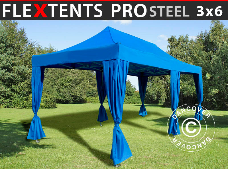 Namiot Ekspresowy FleXtents PRO Steel 3x6m Niebieski, zawierający 6 ozdobnymi kurtynami