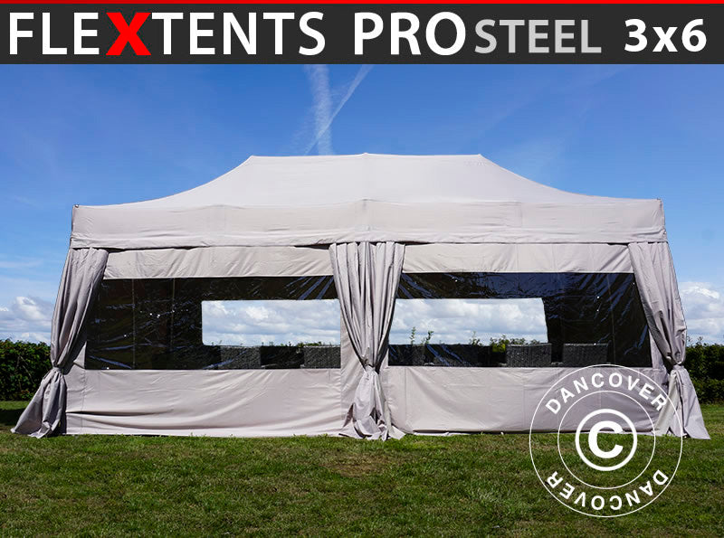 Namiot Ekspresowy FleXtents PRO Steel 3x6m Latte, mq 6 ściany boczne & ozdobnymi kurtynami
