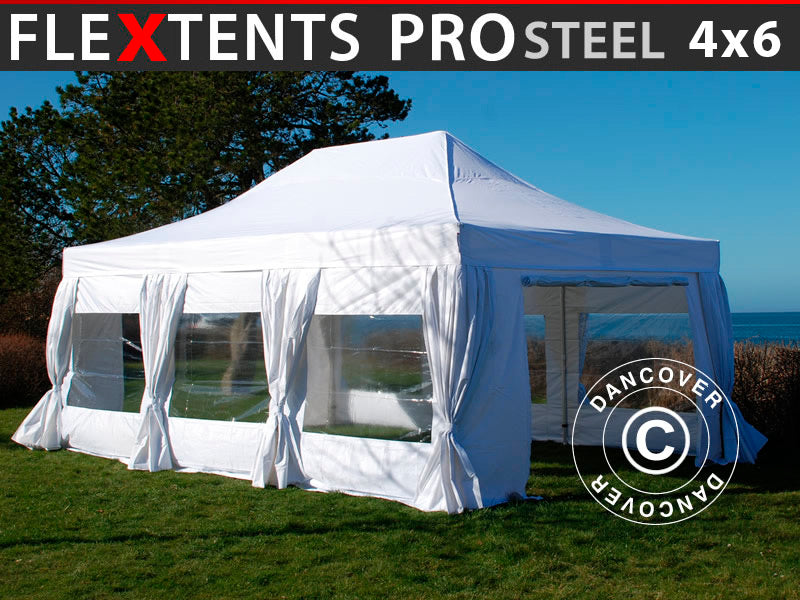 Namiot Ekspresowy FleXtents PRO Steel 4x6m Biały, mq 8 ściany boczne & ozdobnymi kurtynami