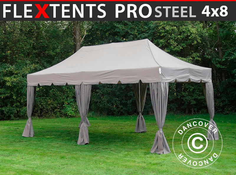 Namiot Ekspresowy FleXtents PRO Steel "Peaked" 4x8m Latte, mq 6 ozdobnymi kurtynami