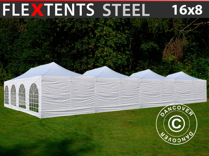 Namiot ekspresowy FleXtents® Steel 16x8m Biały, 10 ścian bocznych w komplecie