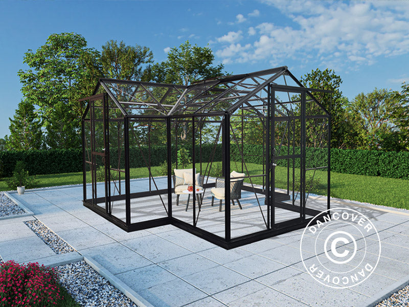Oranżeria szklana 11,5m², 3,73x3,73x2,32m, z podstawą i ozdobnym wykończeniem, Czarna