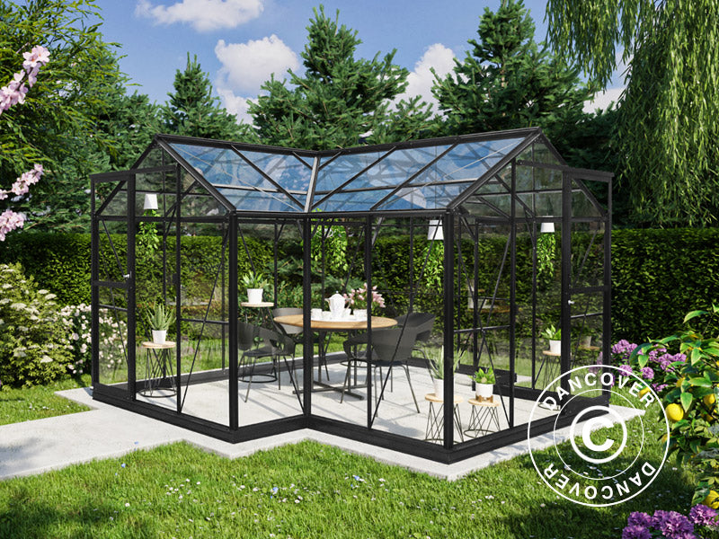 Oranżeria szklana 11,5m², 3,73x3,73x2,32m, z podstawą i ozdobnym wykończeniem, Czarna