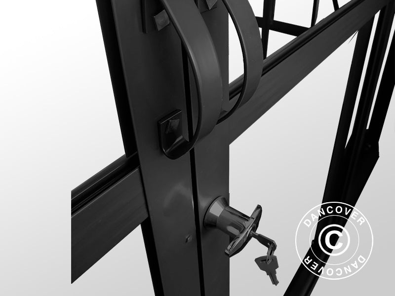 Oranżeria, szklarnia szklana 8,9m², 3,01x2,99x2,95m z podstawą i ozdobnym zwieńczeniem dachu, Czarna