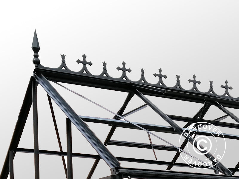 Oranżeria, szklarnia szklana 13,3,m&sup2;, 4,45x2,99x2,95m z podstawą i ozdobnym zwieńczeniem dachu, Czarna