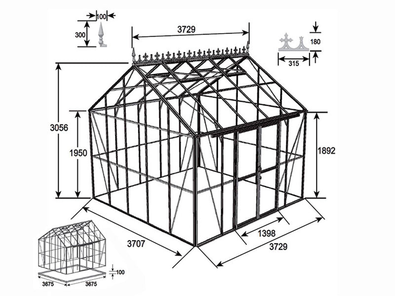 Oranżeria, szklarnia szklana 13,8m&sup2;, 3,73x3,71x3,16m z podstawą i ozdobnym zwieńczeniem dachu, Czarna