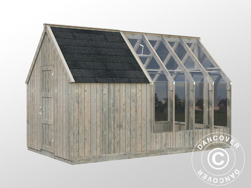 Drewniana szklarnia/pawilon ogrodowy z szopą, 2,4x4,31x2,83m, 9,4m², Szary