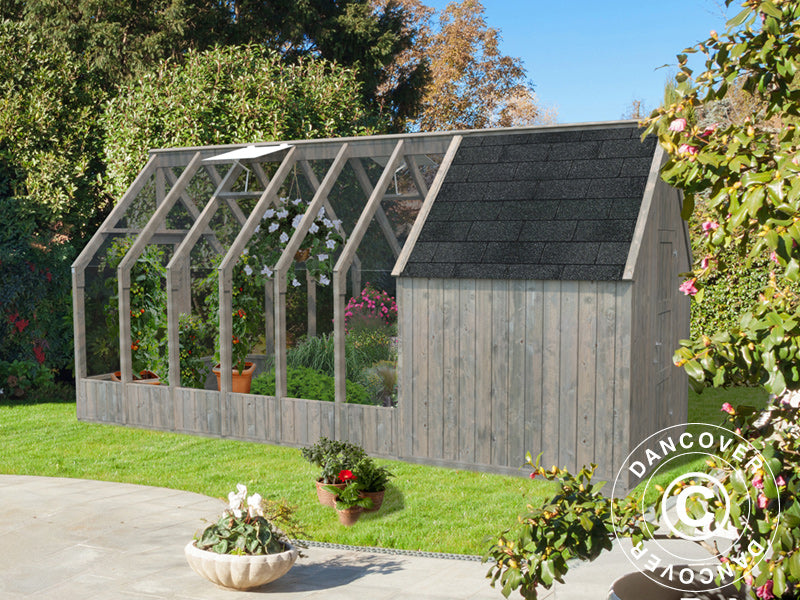 Drewniana szklarnia/pawilon ogrodowy z szopą, 2,4x5,5x2,83m, 12,24m², Szary