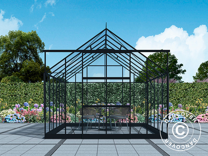 Szklarnia szklana 3x3,68x2,6m z podstawą i ozdobnym zwieńczeniem dachu, 11,04m², Czarna