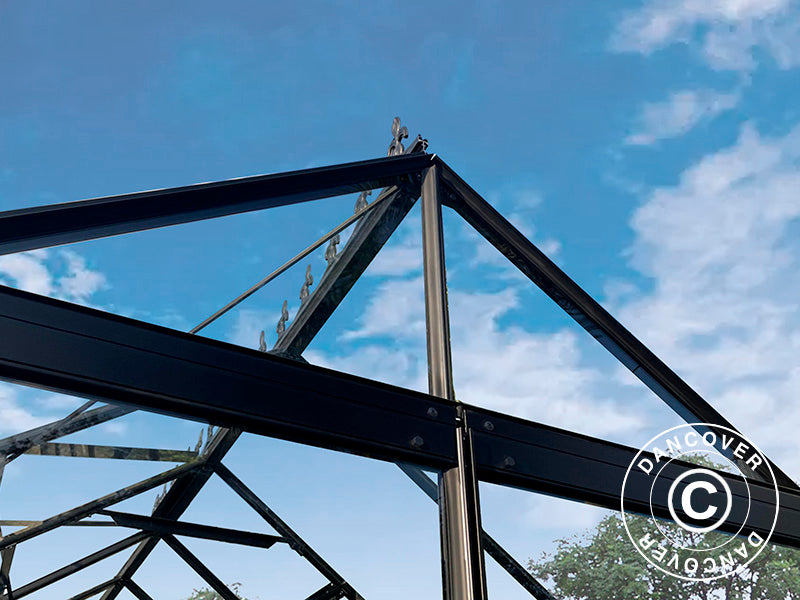 Szklarnia szklana 3x3,68x2,6m z podstawą i ozdobnym zwieńczeniem dachu, 11,04m², Czarna