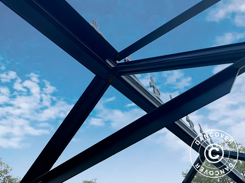 Szklarnia szklana 3x3,68x2,6m z podstawą i ozdobnym zwieńczeniem dachu, 11,04m², Czarna