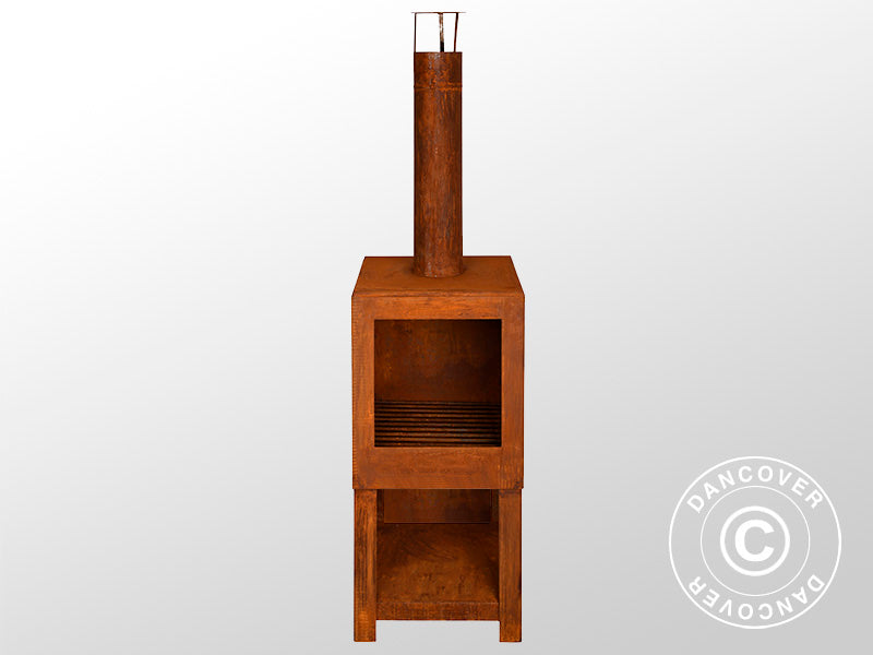 Kominek zewnętrzny w zestawie z półką na drewno, 38,4x38,4x136cm, Kolor rdzy