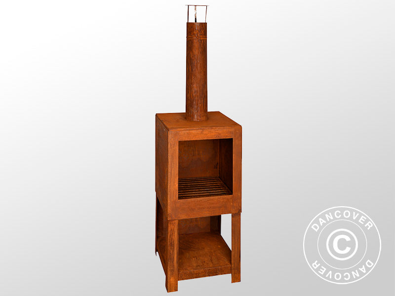 Kominek zewnętrzny w zestawie z półką na drewno, 38,4x38,4x136cm, Kolor rdzy