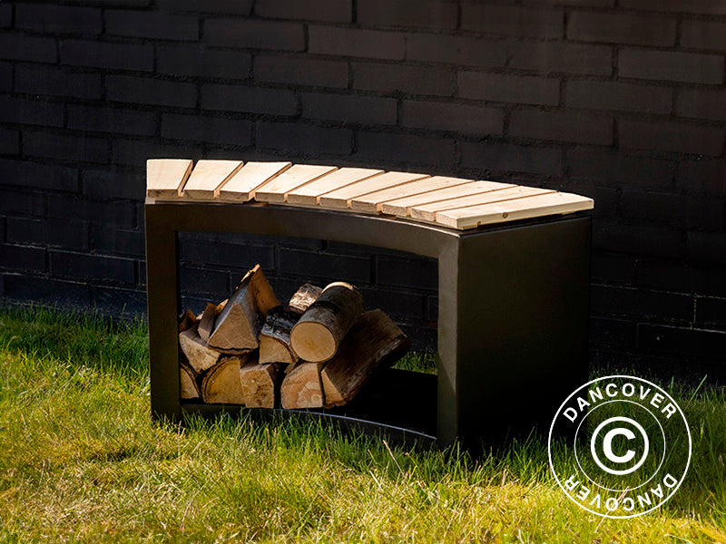 Ławka zaokrąglona z miejscem na drewno, 37,8x90,2x48cm, Czarna/W kolorze drewna