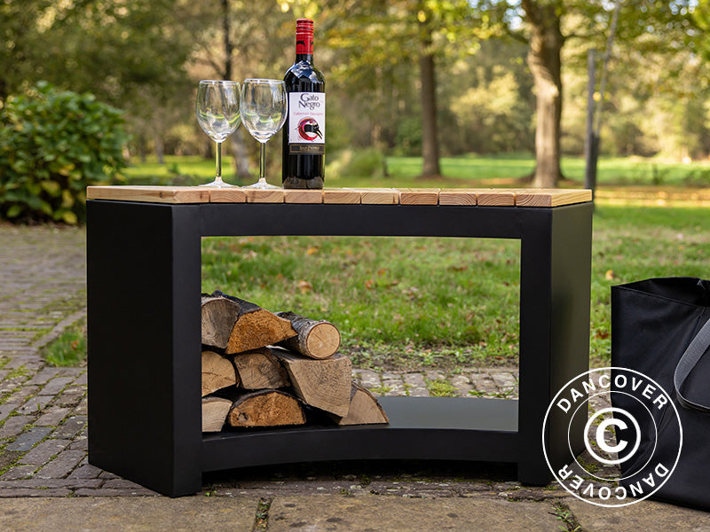 Ławka zaokrąglona z miejscem na drewno, 37,8x90,2x48cm, Czarna/W kolorze drewna