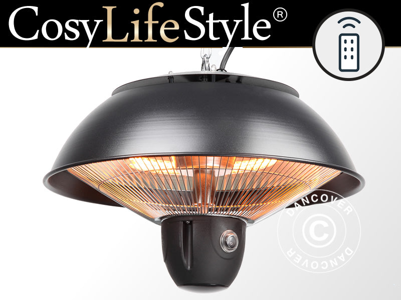 Wiszący halogenowy promiennik tarasowy MINNA ze zdalnym sterowaniem, 1500W, czarny
