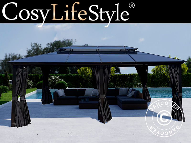 Pawilon Santa Ana z zasłonami i moskitierą, 3,65x6m, Czarny