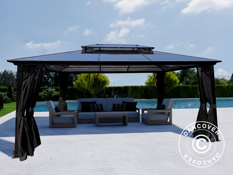 Pawilon Santa Ana z zasłonami i moskitierą, 3,65x4,85m, Czarny