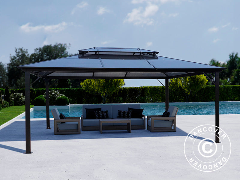 Pawilon Santa Ana z zasłonami i moskitierą, 3,65x4,85m, Czarny