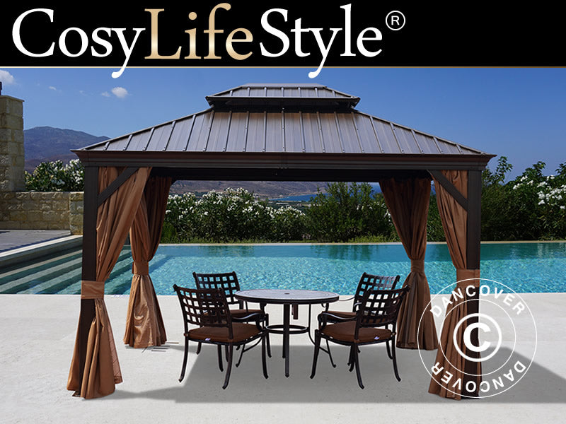 Pawilon Santa Fe z zasłonami i moskitierą, 3x3,65m, Brąz