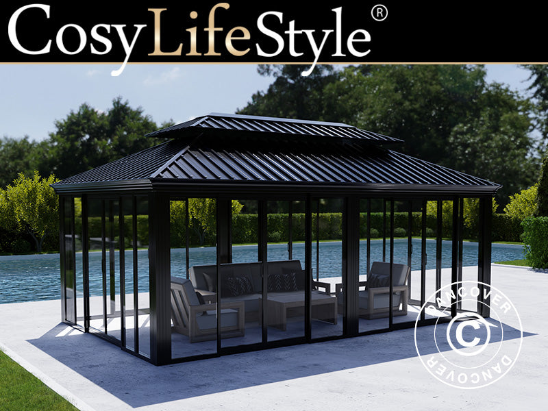 Altana Santa Fe z ściankami bocznymi i drzwiami przesuwnymi, 3,65x6m, Czarna