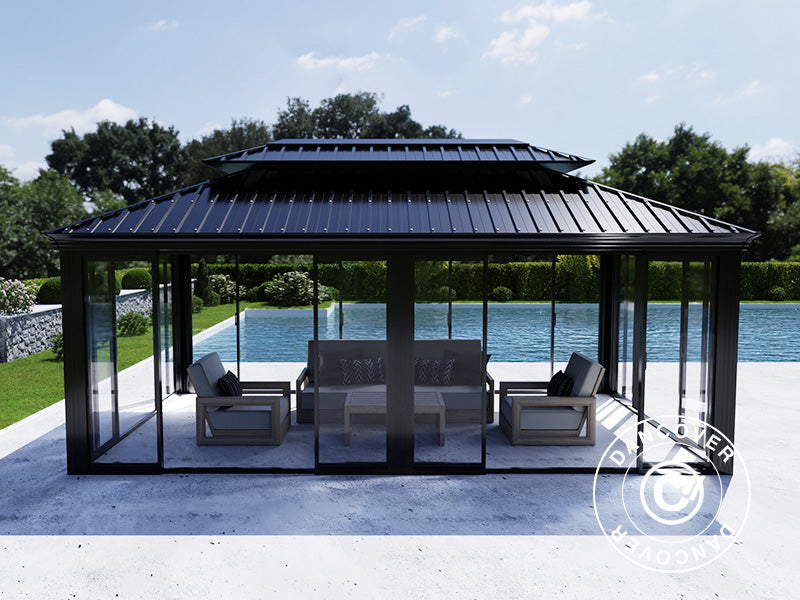 Altana Santa Fe z ściankami bocznymi i drzwiami przesuwnymi, 3,65x6m, Czarna