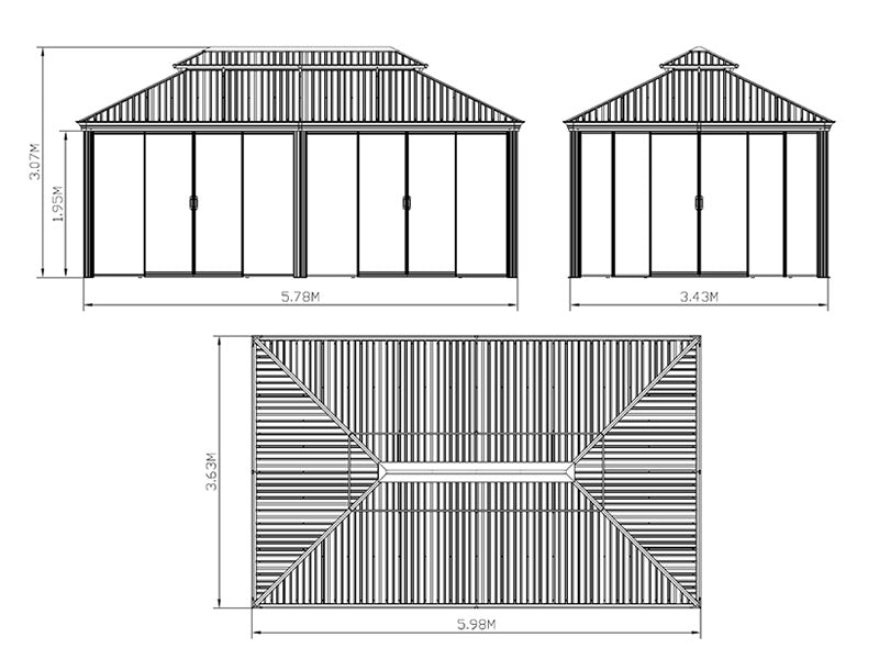 Altana Santa Fe z ściankami bocznymi i drzwiami przesuwnymi, 3,65x6m, Czarna
