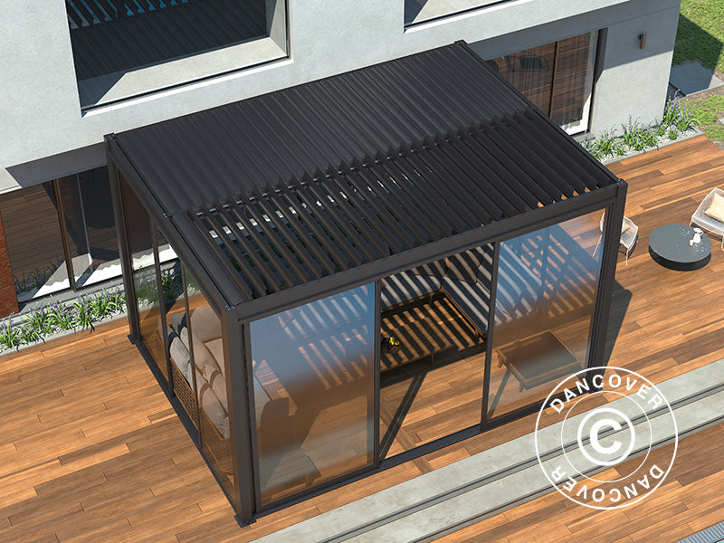 Bioklimatyczna pergola San Pablo Alu+ z drzwiami przesuwnymi, 4x4m, Czarna