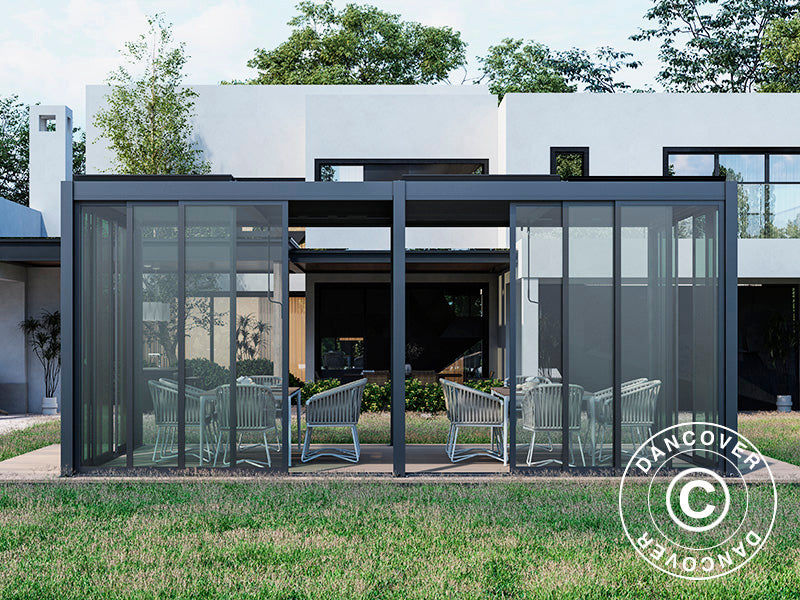 Bioklimatyczna pergola San Pablo Alu+ z drzwiami przesuwnymi, 3x5,8m Czarna