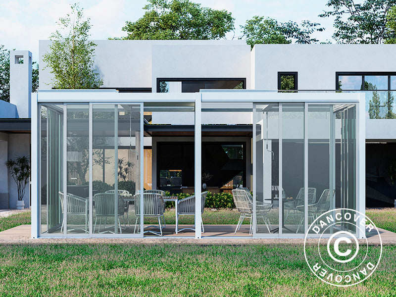 Bioklimatyczna pergola San Pablo Alu+ z drzwiami przesuwnymi, 4x5,8m, Biała
