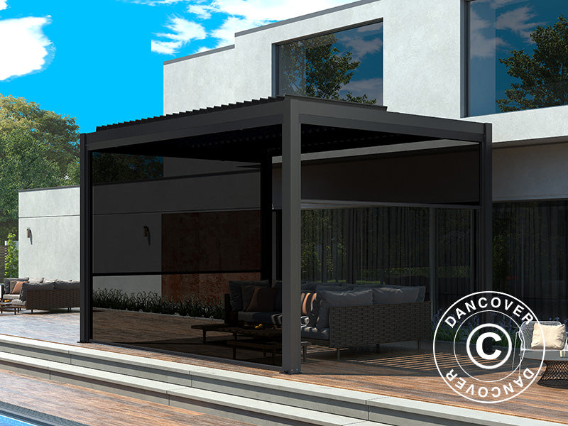 Bioklimatyczna altana pergola San Pablo Alu+, 4x4m, z 4 ściankami bocznymi, Czarny