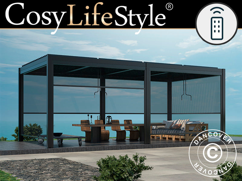 Bioklimatyczny pawilon ogrodowy San Pablo Alu+, 3x5,8m z 6 elektrycznymi ścianami bocznymi, Czarny