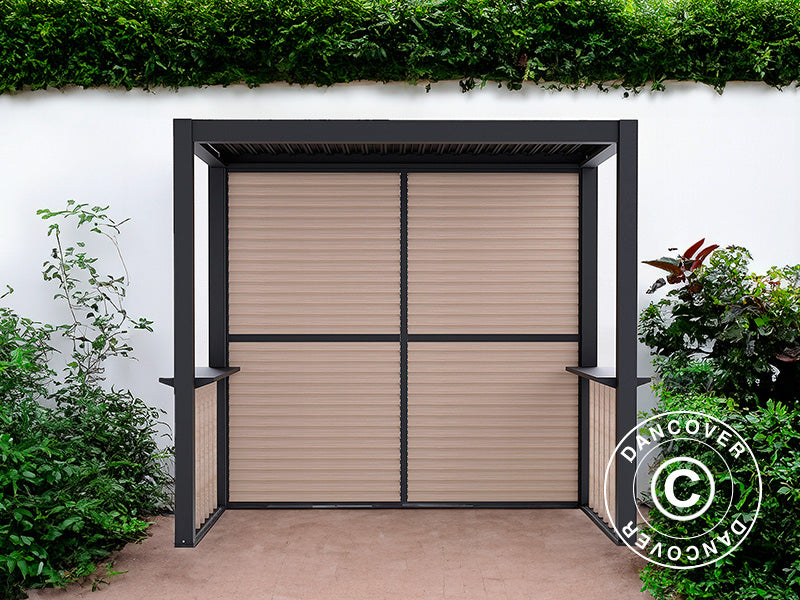 Pergola San Juan do grilla, z ściankami i bokami z lameli, 2,5x1,5x2,3m, Czarna/Imitacja drewna