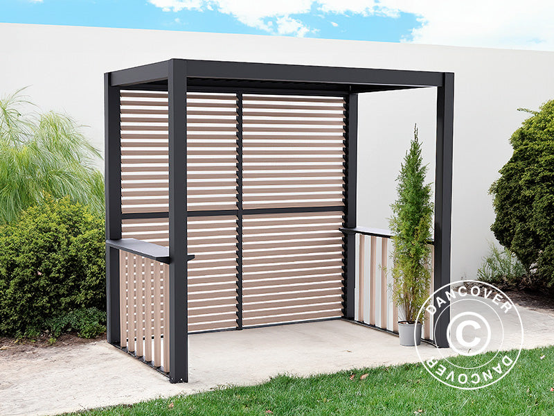 Pergola San Juan do grilla, z ściankami i bokami z lameli, 2,5x1,5x2,3m, Czarna/Imitacja drewna