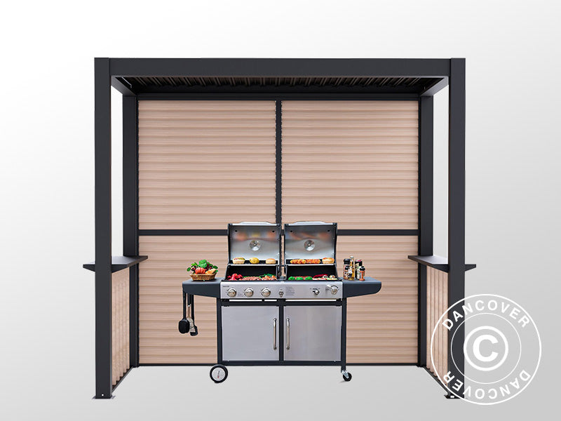 Pergola San Juan do grilla, z ściankami i bokami z lameli, 2,5x1,5x2,3m, Czarna/Imitacja drewna
